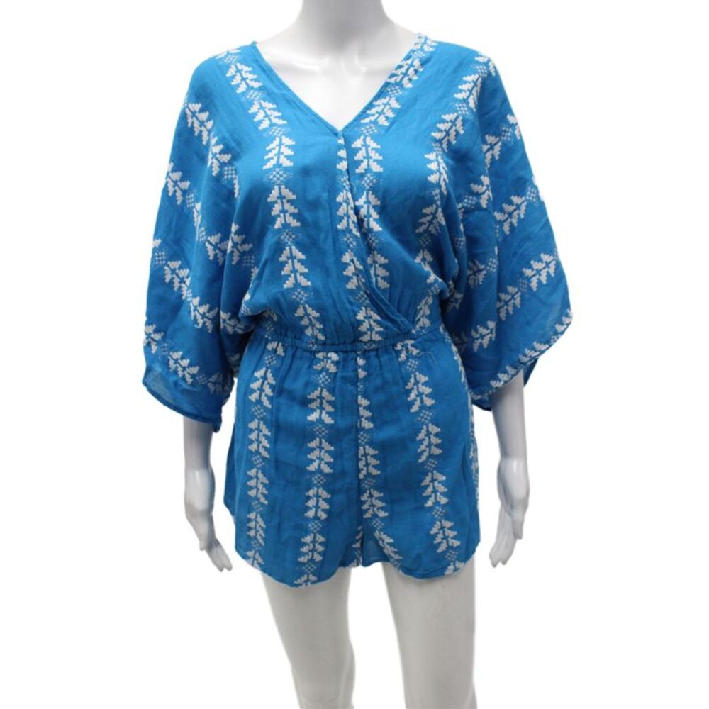 Elan Womens Blue Geometric V-Neck Romper 3/4 Sleeve 100% Cotton Size S
